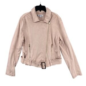 Jennifer Lopez Y2K Luxe Faux Suede Moto Biker Jacket Size L Gold Zip Belted Soft